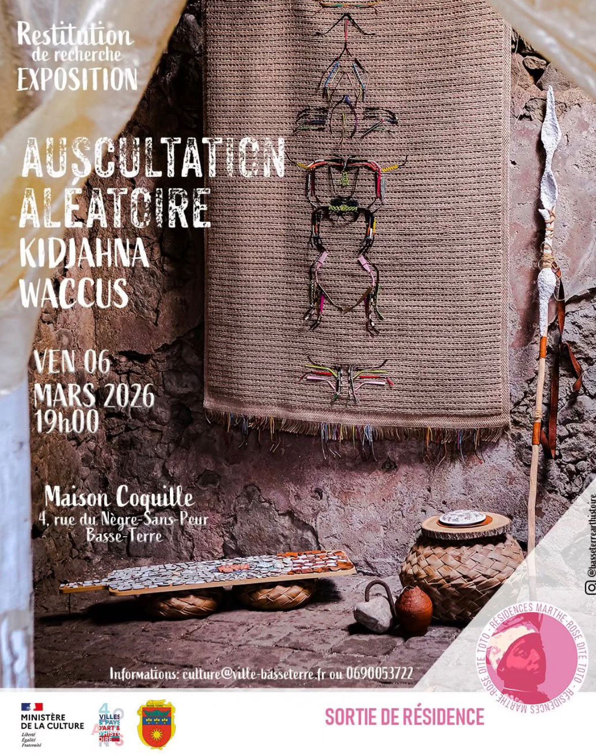 VERNISSAGE - Vendredi 6 mars 2026 19h00 - Maison Coquille AUSCULTATION ALÉATOIRE - KIDJAHNA WACCUS EXPOSITION DE RESTITUTION